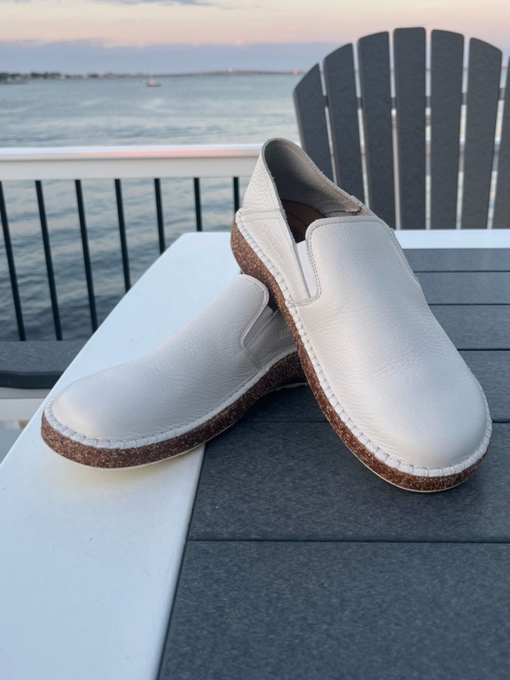 Birkenstock White Leather Slip-On Loafers with Cork-Look Sole